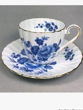 Royal Tuscan Fine Bone China Blue Floral Scalloped Teacup and Saucer Gold Trim